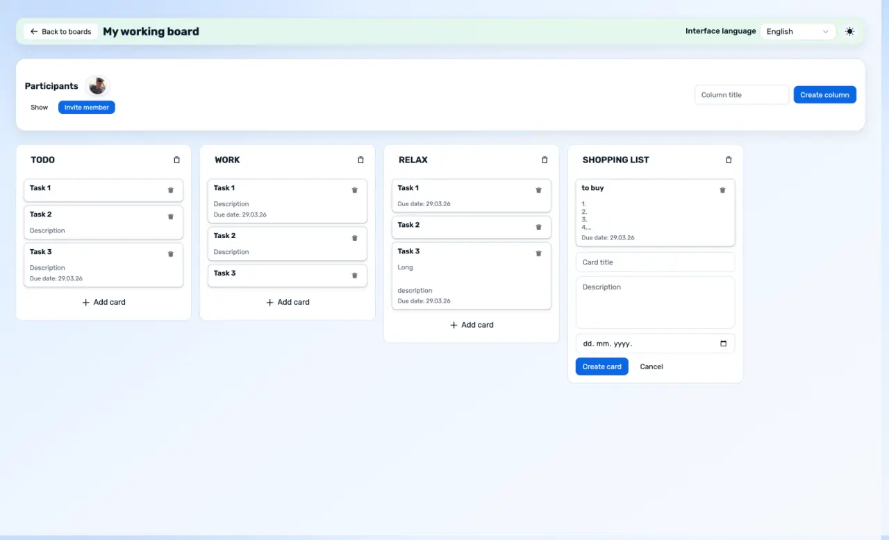 Kanban board project screenshot with column layout and cards.